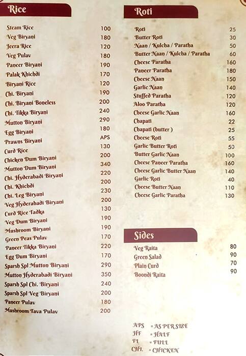 Sparsh Hotel menu