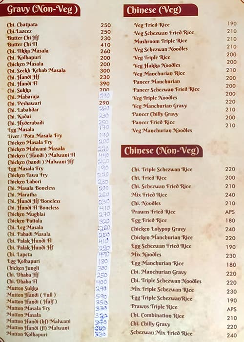 Sparsh Hotel menu