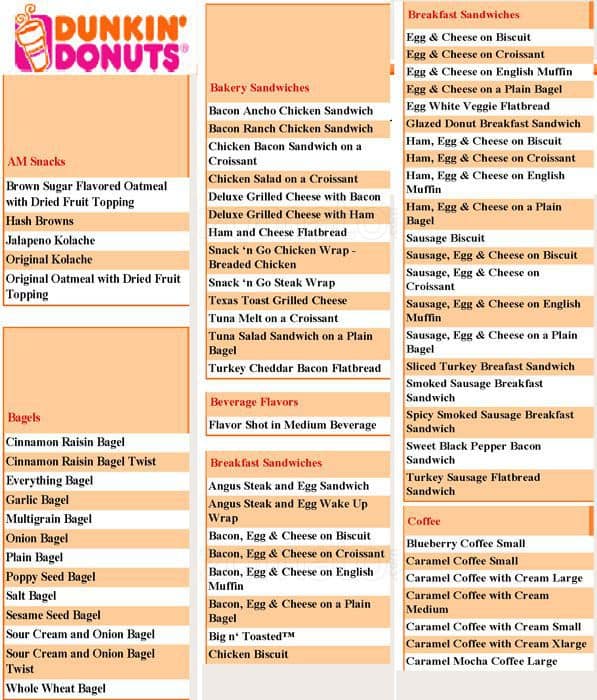 Dunkin' Donuts Menu, Menu for Dunkin' Donuts, Midtown, New York City
