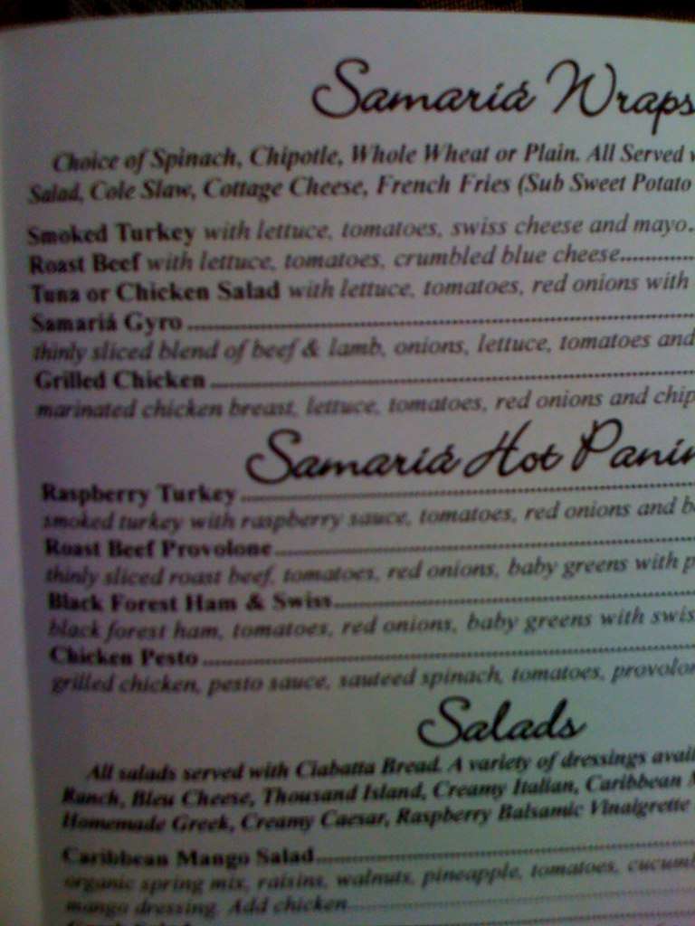 Menu at Samaria Cafe, Tampa