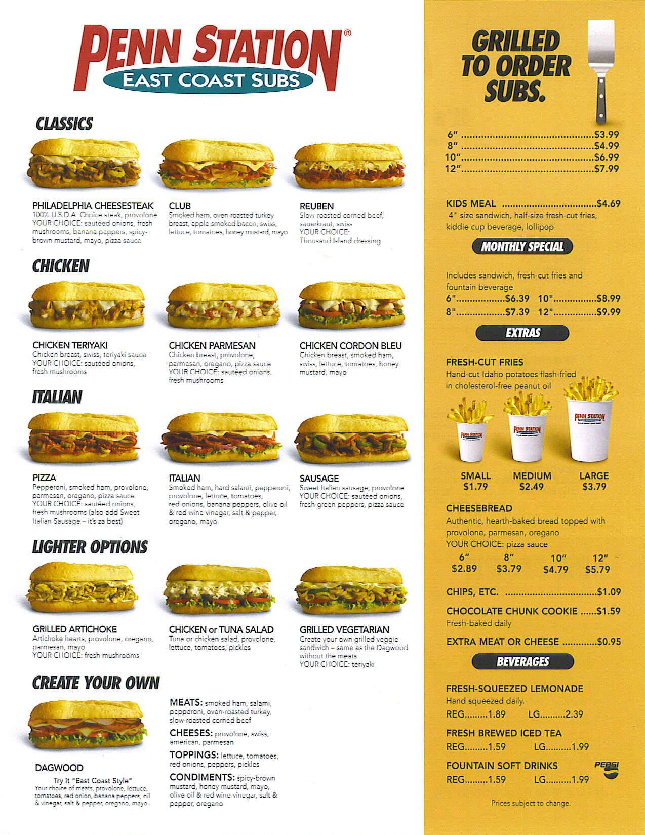 Penn Station East Coast Subs Menu