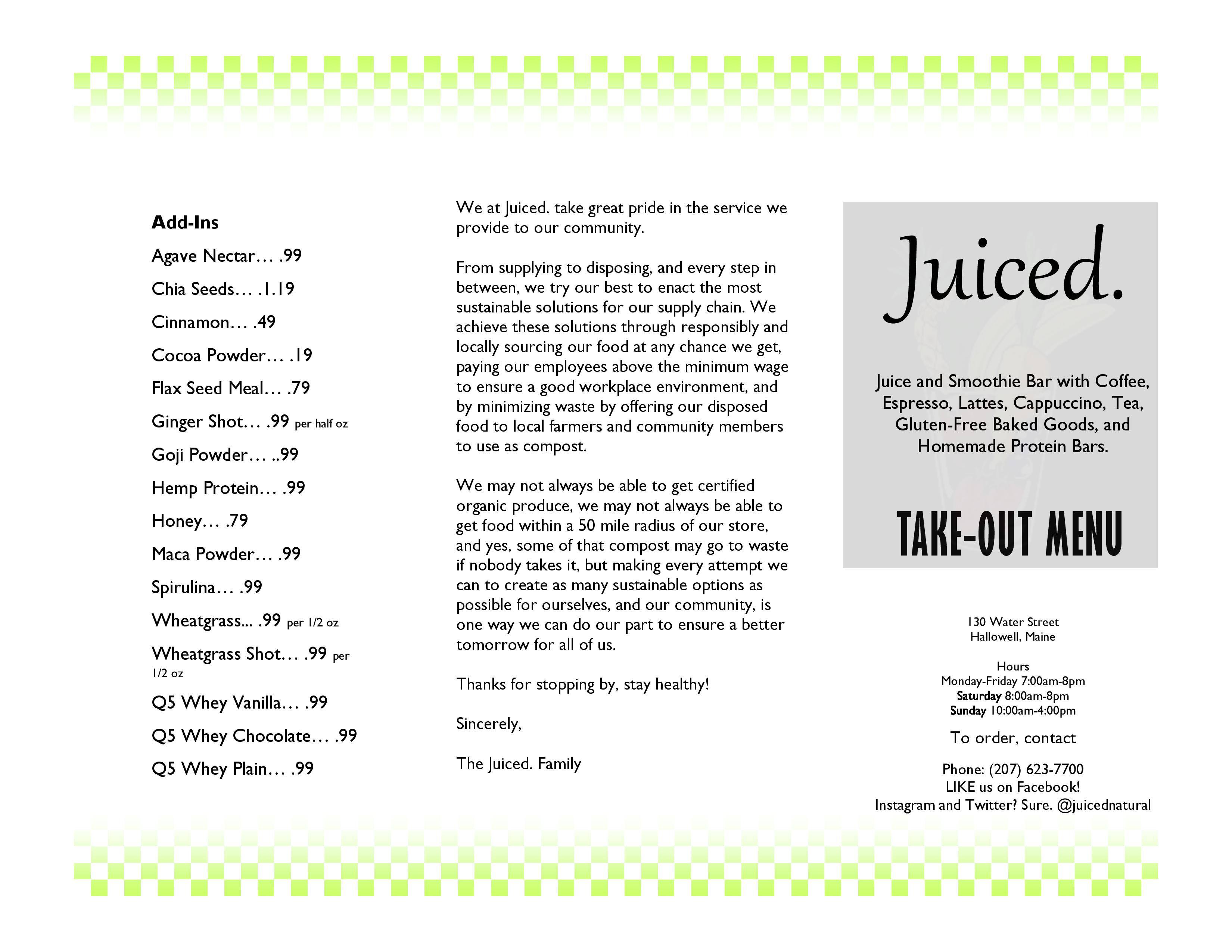 Juiced Menu, Menu for Juiced, Augusta, Augusta Urbanspoon/Zomato