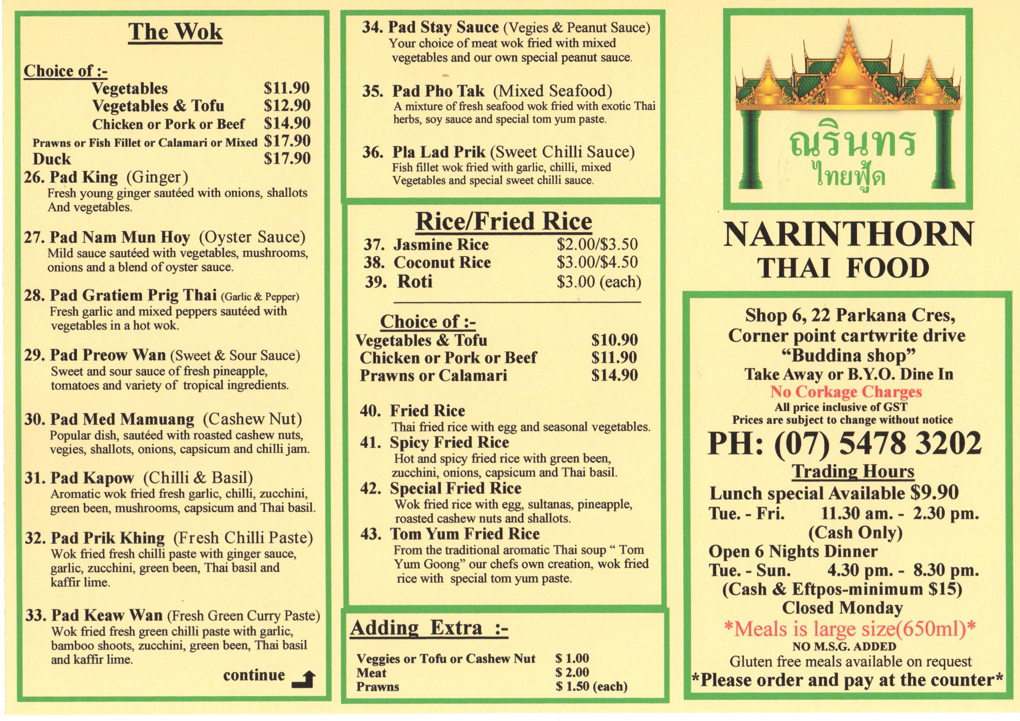 Narinthorn Thai Food Menu Menu For Narinthorn Thai Food Buddina 