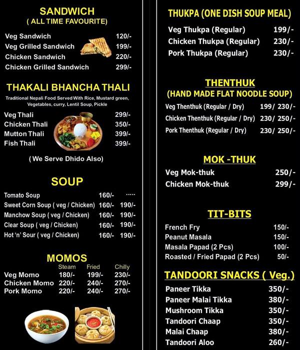 Menu of Sikkim Restaurant, Chanakyapuri, New Delhi