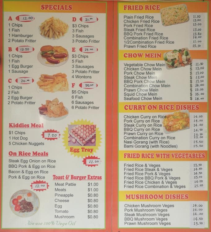 Menu at Moor Park Takeaway fast food, Auckland