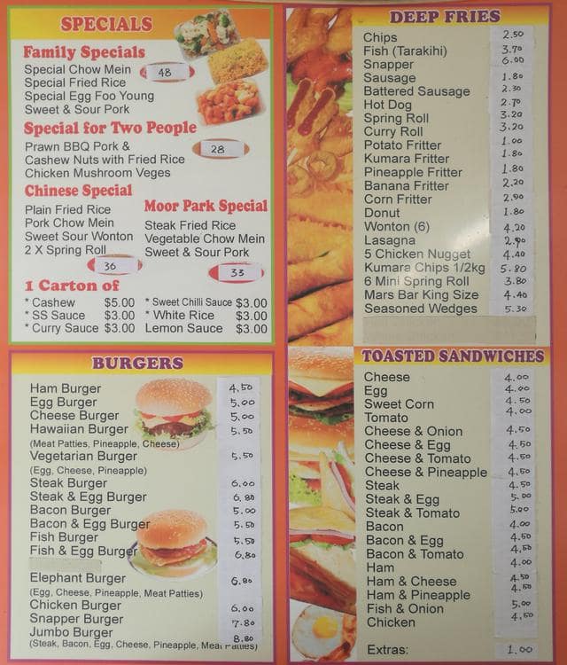 Menu at Moor Park Takeaway fast food, Auckland