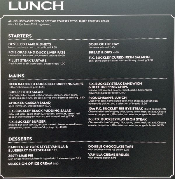 Menu at F.X. Buckley steakhouse, Dublin, 1a Pembroke Street Lower