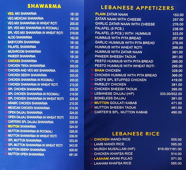Carter’s Blue Restaurant menu