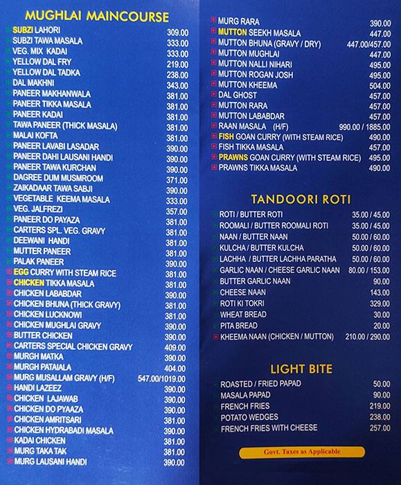 Carter’s Blue Restaurant menu