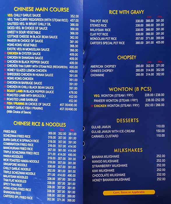 Carter’s Blue Restaurant menu