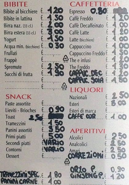 CODICE A BAR меню