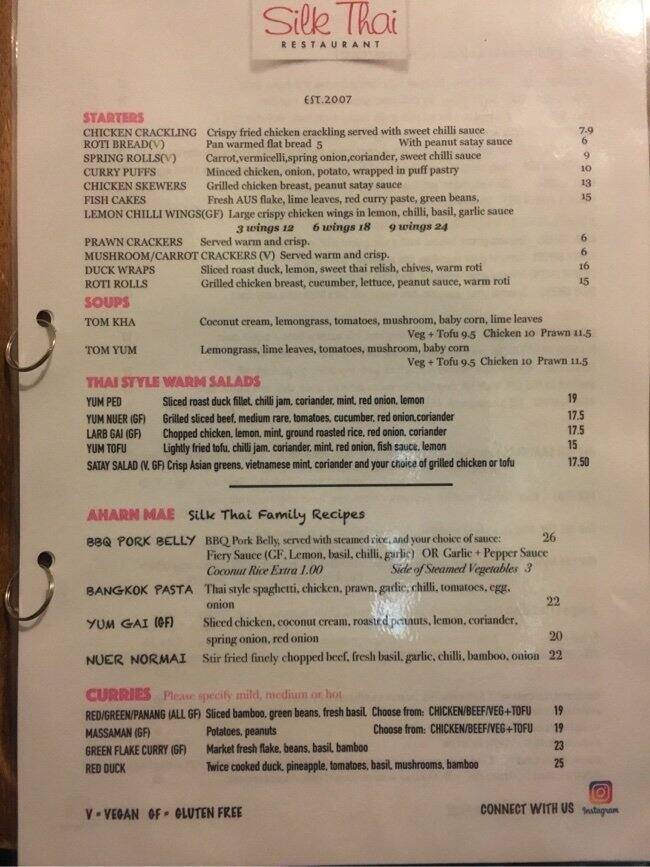 Menu at Silk Thai restaurant, Preston