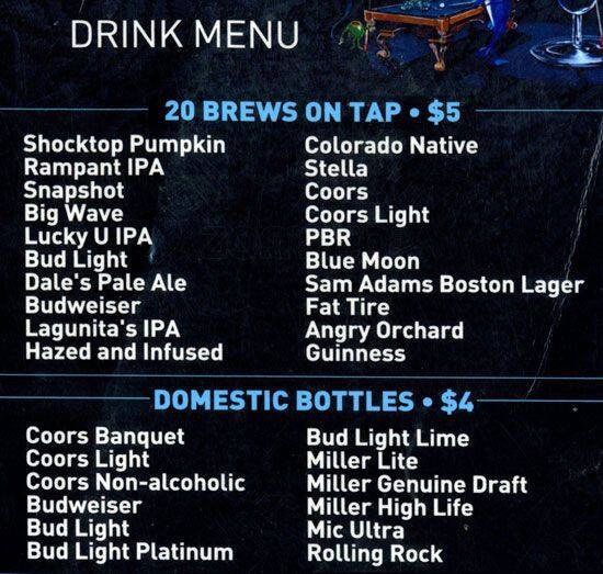 Menu at Zanzibar Billiards Club, Denver