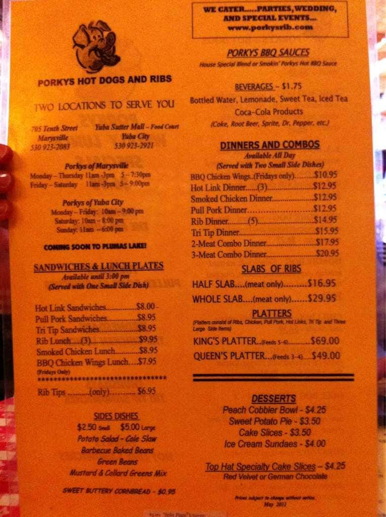 Porkys Hot Dogs and Ribs Menu, Menu for Porkys Hot Dogs and Ribs