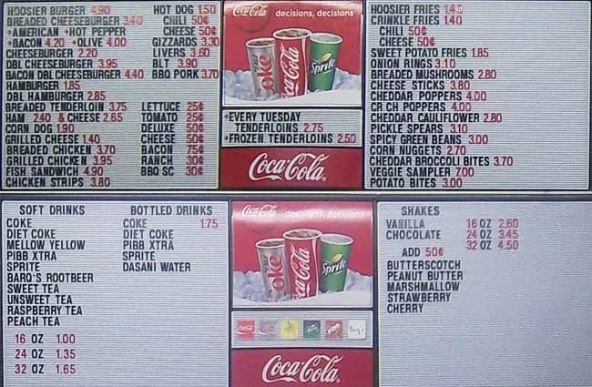 Menu at Hoosier Drive In restaurant, Huntington