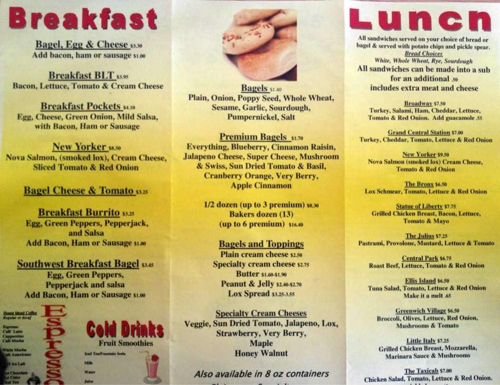 Menu at Bronx bagels restaurant, Sutherlin