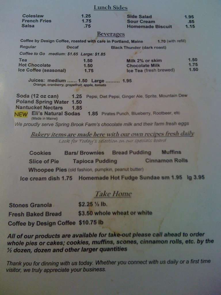 Menu at Stones Cafe & Bakery, North Yarmouth