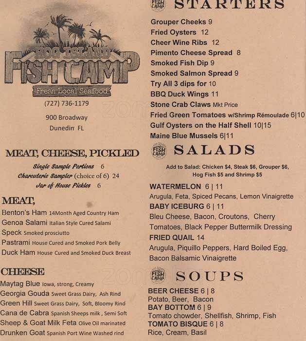 Menu at Hog Island Fish Camp Seafood Restaurant & Bar, Dunedin