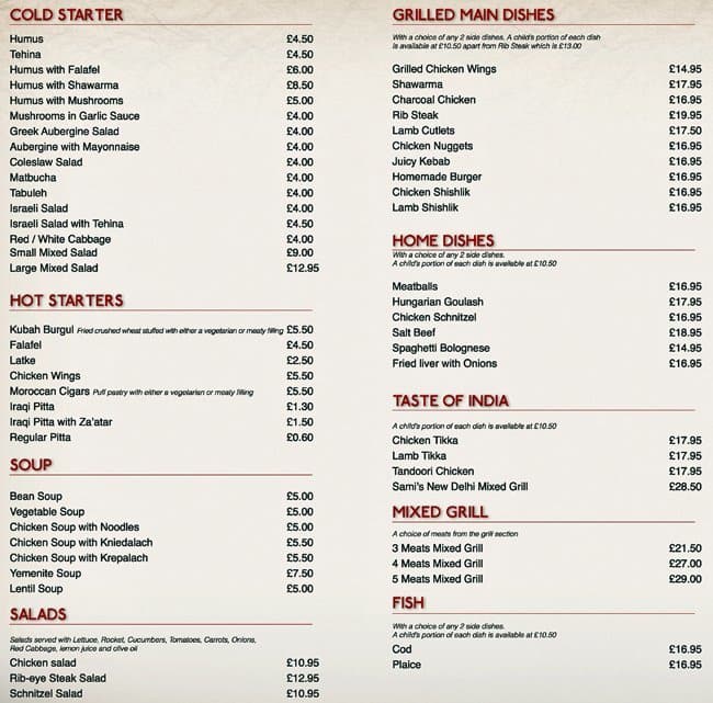 Menu at Sami's fast food, Edgware, 313 Hale Ln