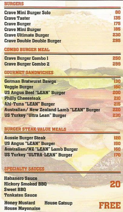 Menu for Crave Burger, Santa Mesa, Manila