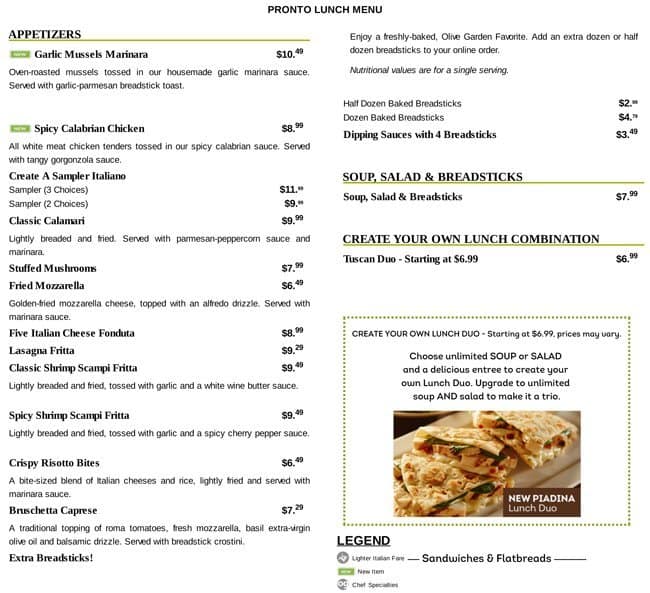 olive garden short menu and prices