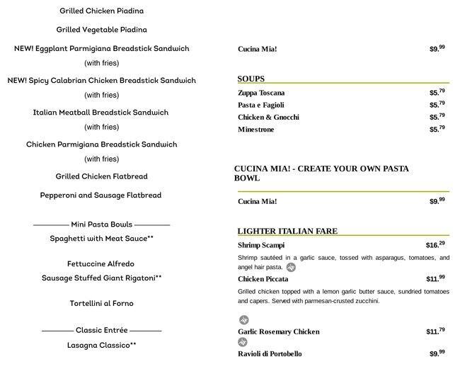 Olive Garden Italian Restaurant Menu