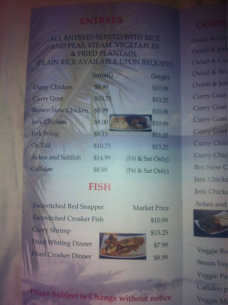 Menu at Irie Caribbean American restaurant, Woodbridge