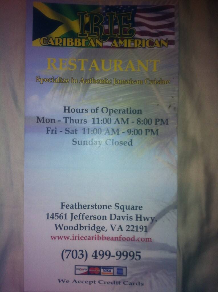 Menu at Irie Caribbean American restaurant, Woodbridge