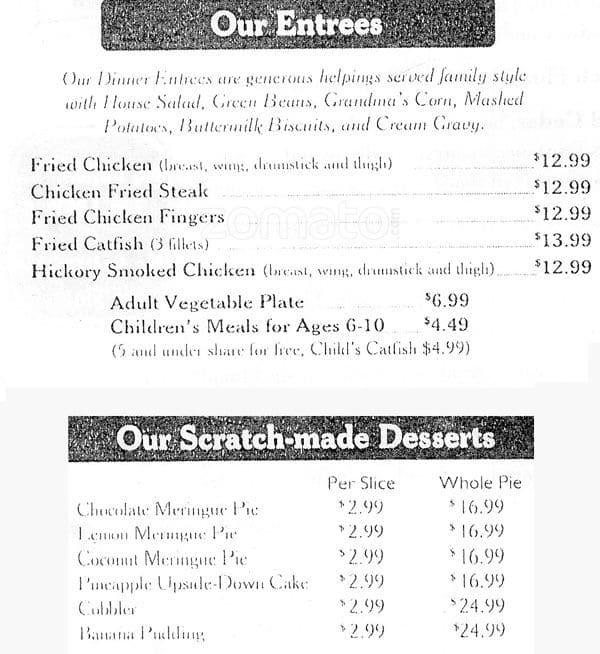 Menu at Babe's Chicken Dinner House restaurant, Roanoke