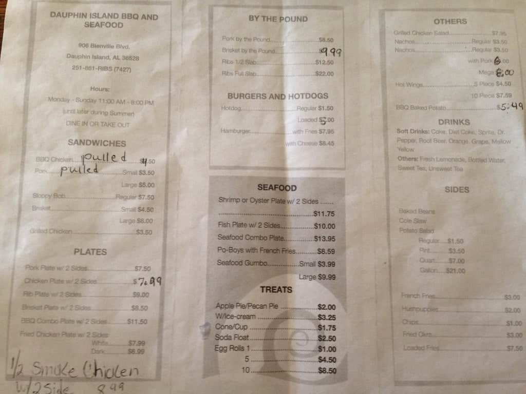 Dauphin Island BBQ Menu, Menu for Dauphin Island BBQ, Dauphin Island