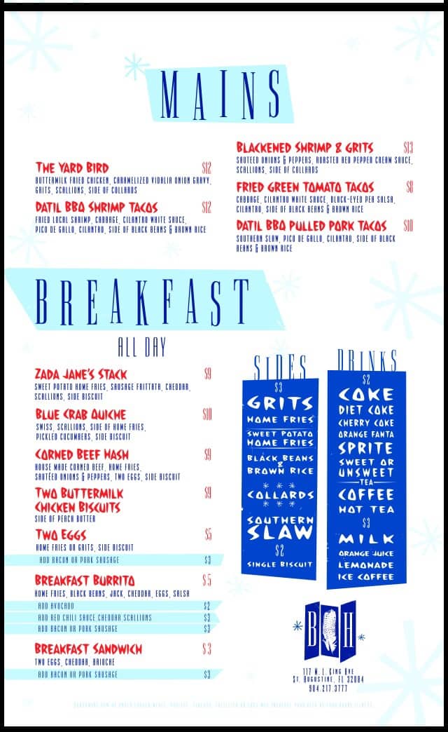 Menu at The Blue Hen Café cafe, St. Augustine