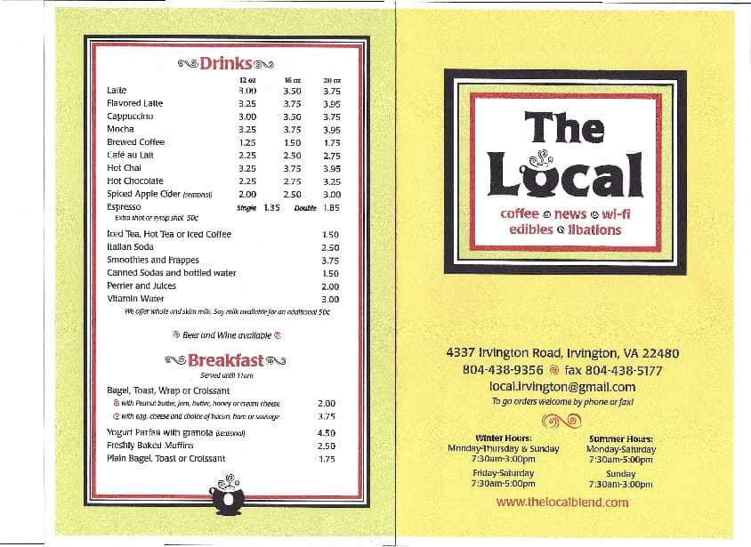 Menu at The Local cafe, Irvington