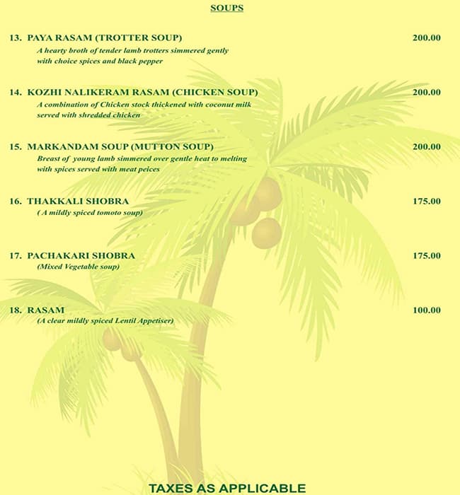 Menu of Coconut Grove, Church Street, Bangalore
