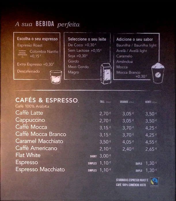 Starbucks Menu,Menú para Starbucks, Chiado, Lisboa 