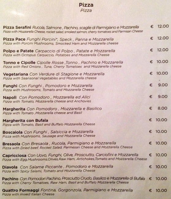 Menu di Serafini alla Pace 