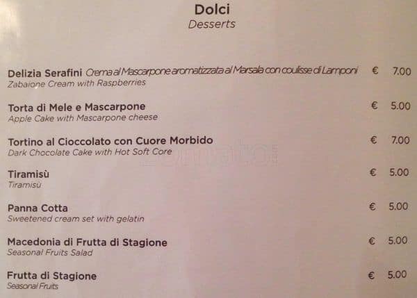 Menu di Serafini alla Pace 