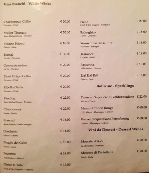 Menu di Serafini alla Pace 