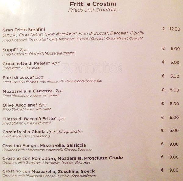 Menu di Serafini alla Pace 