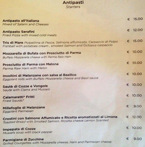 Menu di Serafini alla Pace 