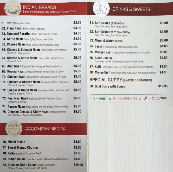 Menu at Spice of India restaurant, Kedron, 385 Gympie Rd