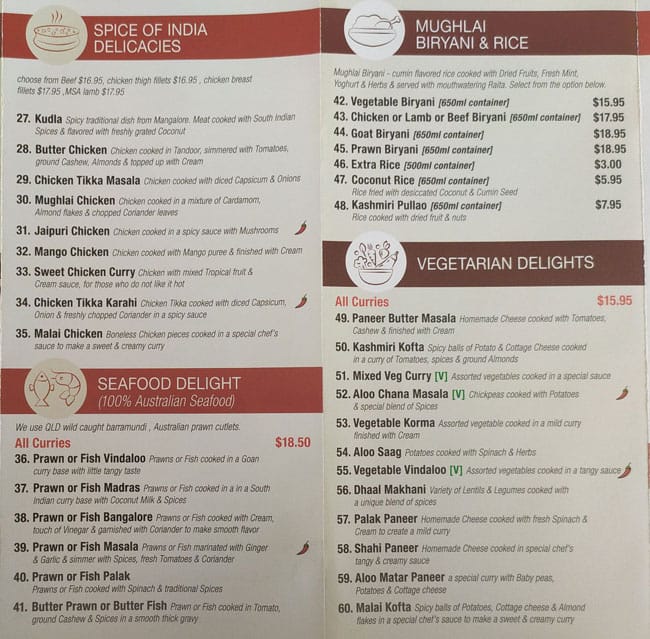 Menu at Spice of India restaurant, Kedron, 385 Gympie Rd