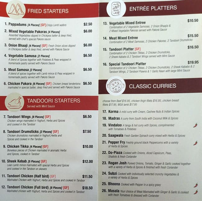 Menu at Spice of India restaurant, Kedron, 385 Gympie Rd