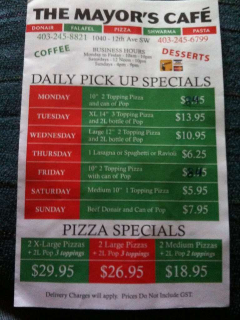 The Mayor's Cafe menu