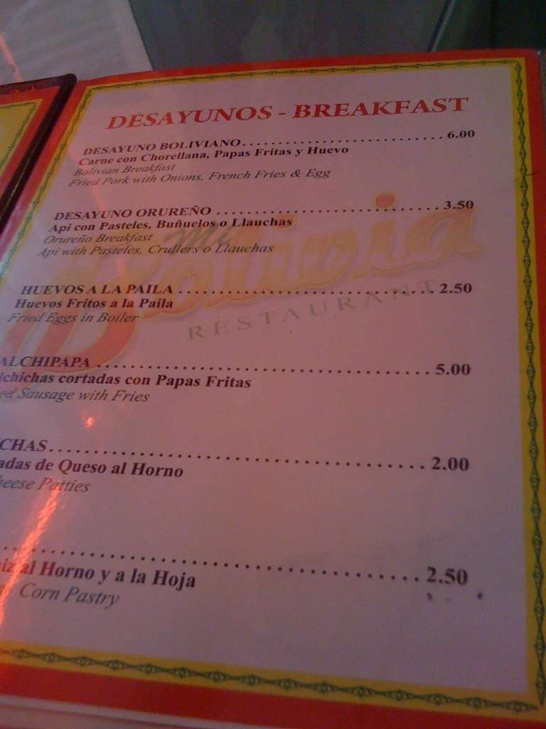 Bolivia Breakfast Menu