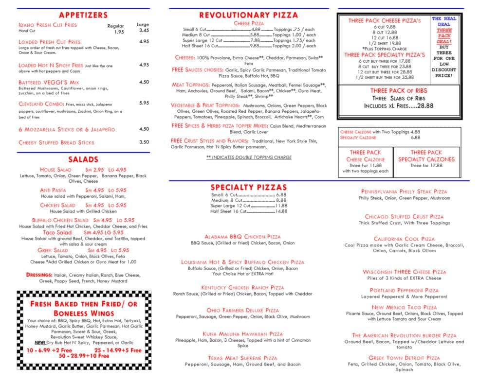 Menu at Revolution Pizza pizzeria, Willowick