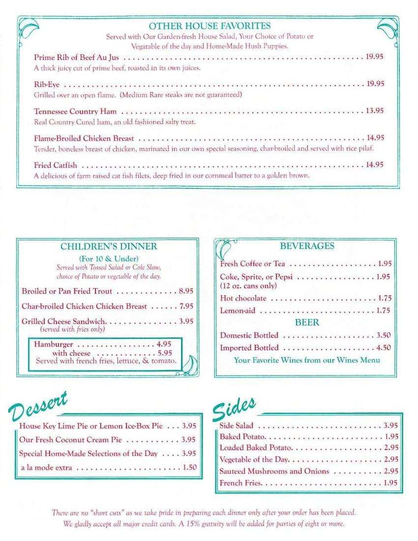 Menu at Smoky Mountain Trout House restaurant, Gatlinburg, 410 Parkway