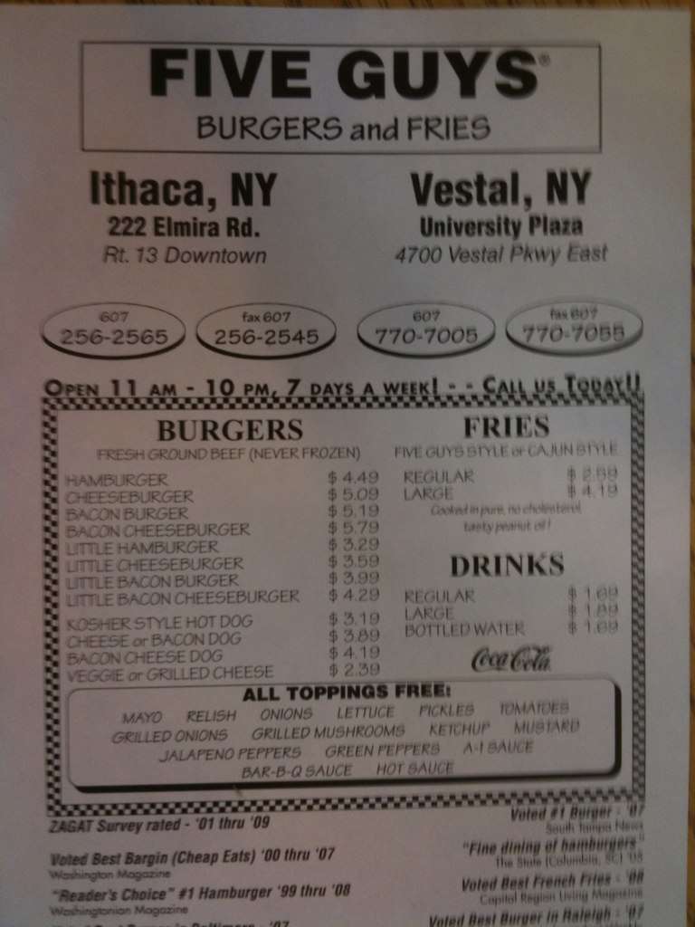Menu at Five Guys fast food, Ithaca, 222 Elmira Rd Suite A