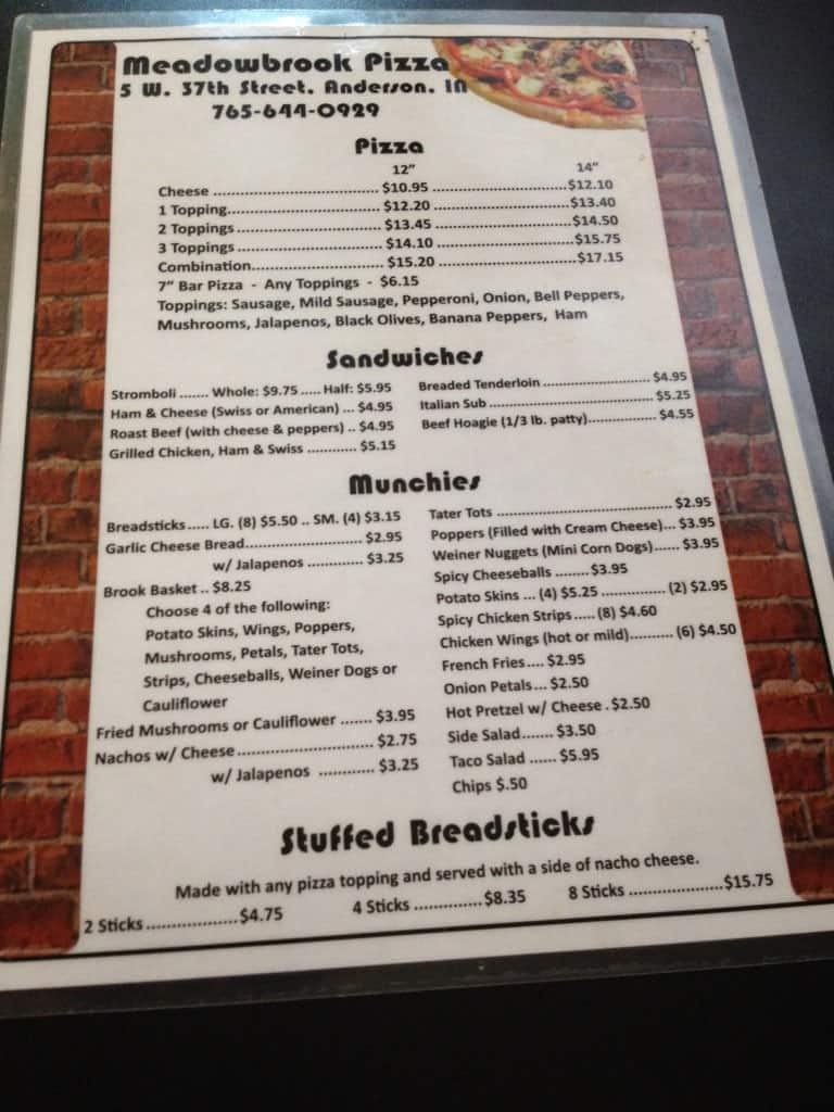 Menu at Meadowbrook pizza pizzeria, Anderson