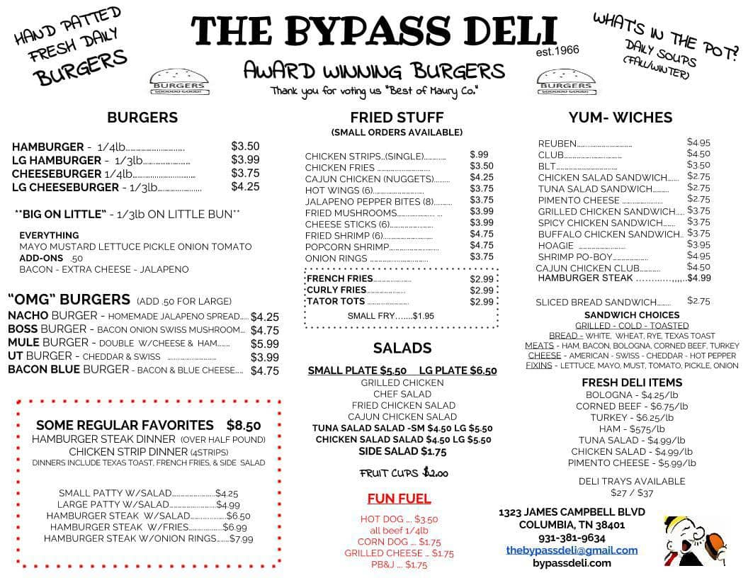 ByPass Deli menu, Menu restauracji ByPass Deli, Columbia, Columbia