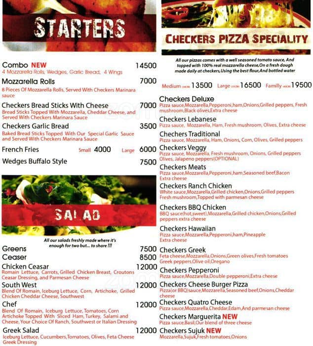 Checkers Printable Menu